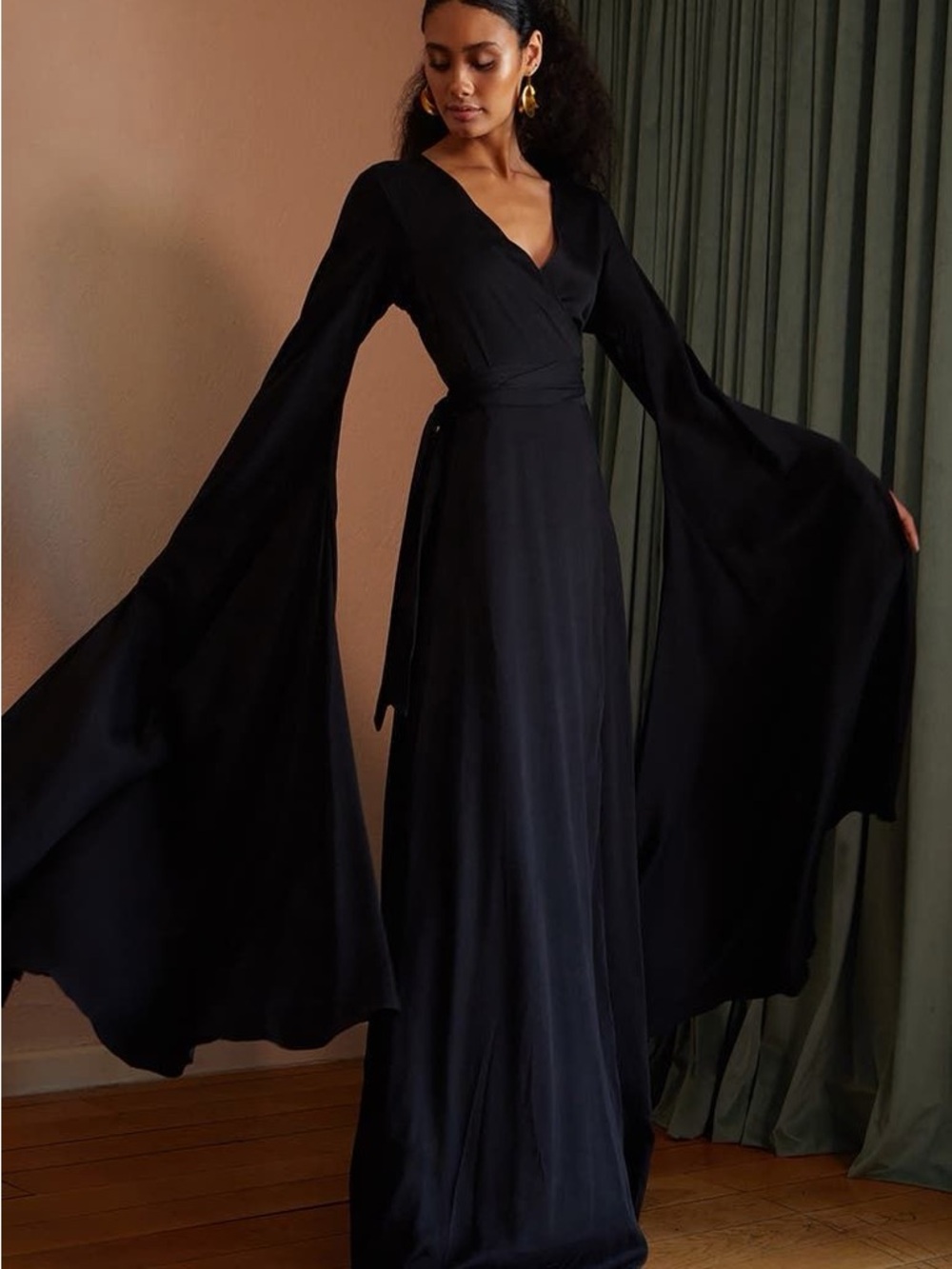Diarrablu Maya Black Wrap Maxi Dress with Dramatic Bell Sleeves